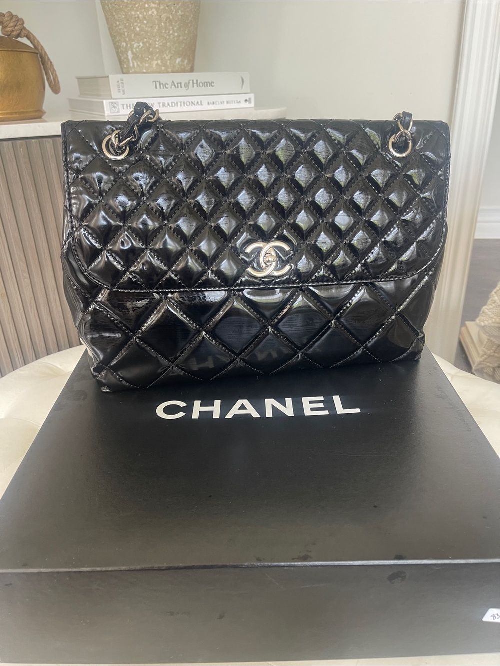 CHANEL Black Quilted Patent Shoulder Bag with CC Turn-Lock